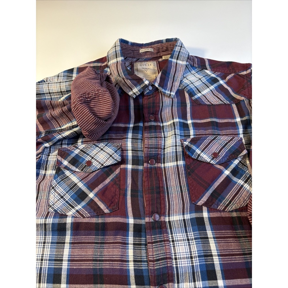 Vintage GUESS Western Plaid Maroon Pearl Snap Rancher Ticking Lined Men's XL - Picture 2 of 7